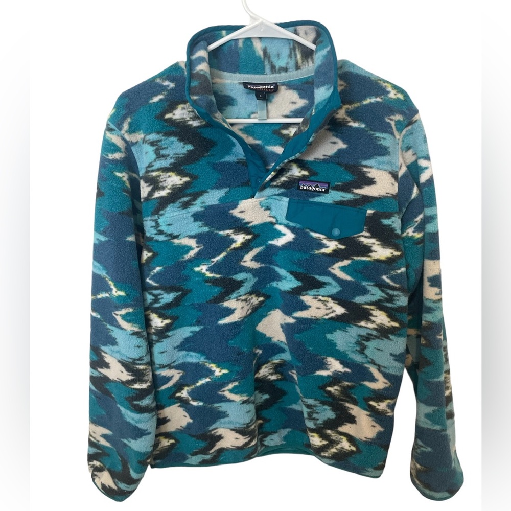 Patagonia Synchilla Fleece Trout Tales Elwha Blue Snaps Sweater women’s small